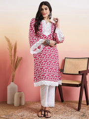 Pink & White Floral Printed Thread Work Straight Kurta