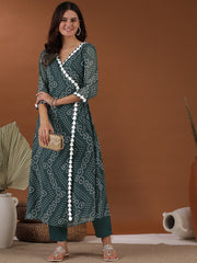 Teal Bandhani Printed Angrakha Gotta Patti A-Line Kurta with Trousers