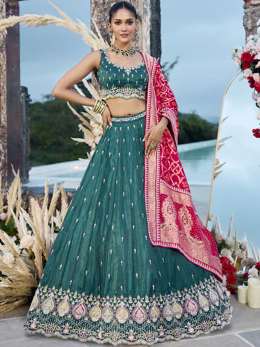 Green Cosmos Silk Fabric Beads & Sequince Embroidered Semi-Stitched Lehenga Unstitched Blouse & Dupatta