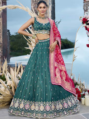 Green Cosmos Silk Fabric Beads & Sequince Embroidered Semi-Stitched Lehenga Unstitched Blouse & Dupatta