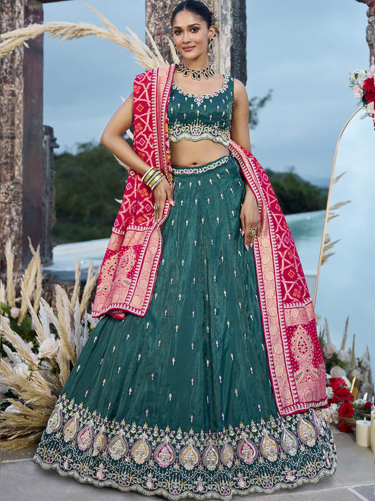 Green Cosmos Silk Fabric Beads & Sequince Embroidered Semi-Stitched Lehenga Unstitched Blouse & Dupatta