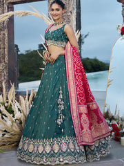 Green Cosmos Silk Fabric Beads & Sequince Embroidered Semi-Stitched Lehenga Unstitched Blouse & Dupatta