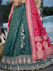 Green Cosmos Silk Fabric Beads & Sequince Embroidered Semi-Stitched Lehenga Unstitched Blouse & Dupatta