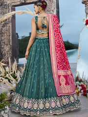 Green Cosmos Silk Fabric Beads & Sequince Embroidered Semi-Stitched Lehenga Unstitched Blouse & Dupatta