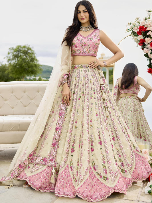 Cream Tissue Fabric Sequins embroidery Semi-Stitched Lehenga & Unstitched Blouse With Dupatta