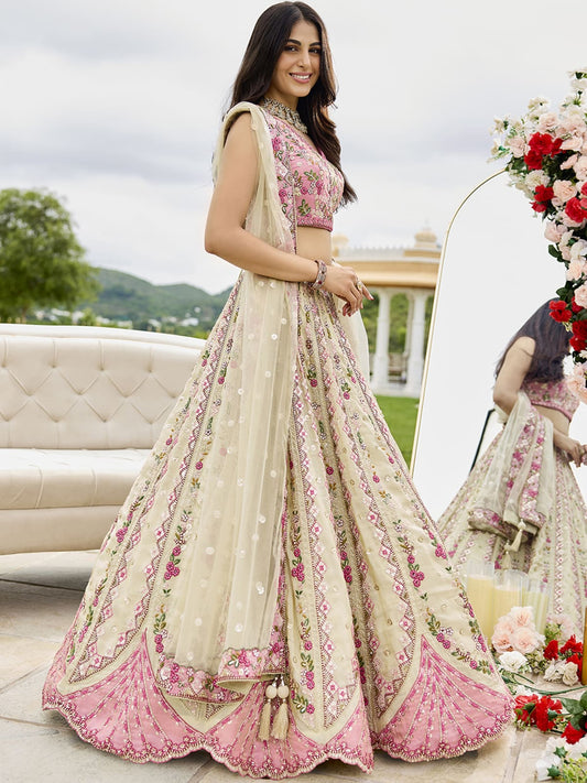 Cream Tissue Fabric Sequins embroidery Semi-Stitched Lehenga & Unstitched Blouse With Dupatta