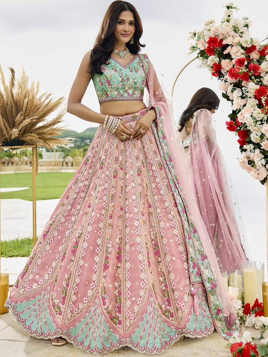 Pink Tissue Fabric Sequins embroidery Semi-Stitched Lehenga & Unstitched Blouse With Dupatta