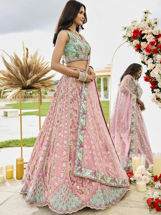 Pink Tissue Fabric Sequins embroidery Semi-Stitched Lehenga & Unstitched Blouse With Dupatta