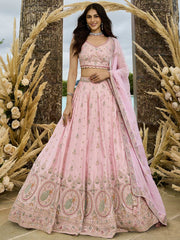 Pink  Silk Fabric Beads & Sequince Embroidered Semi Stitched Lehenga Choli & Dupatta