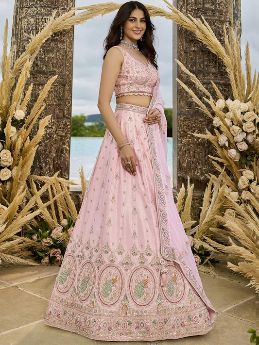 Pink  Silk Fabric Beads & Sequince Embroidered Semi Stitched Lehenga Choli & Dupatta