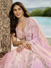 Pink  Silk Fabric Beads & Sequince Embroidered Semi Stitched Lehenga Choli & Dupatta