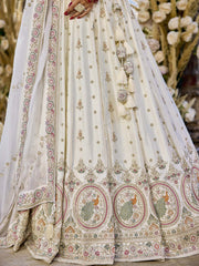 Cream  Silk Fabric Beads & Sequince Embroidered Semi Stitched Lehenga Choli & Dupatta
