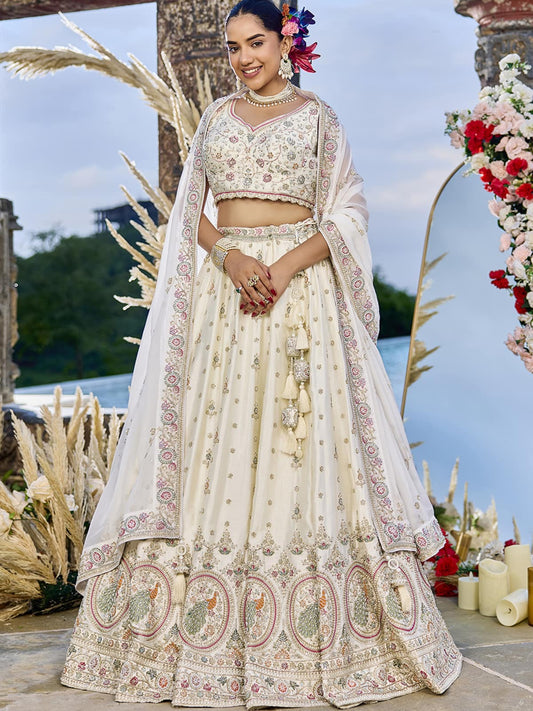 Cream  Silk Fabric Beads & Sequince Embroidered Semi Stitched Lehenga Choli & Dupatta