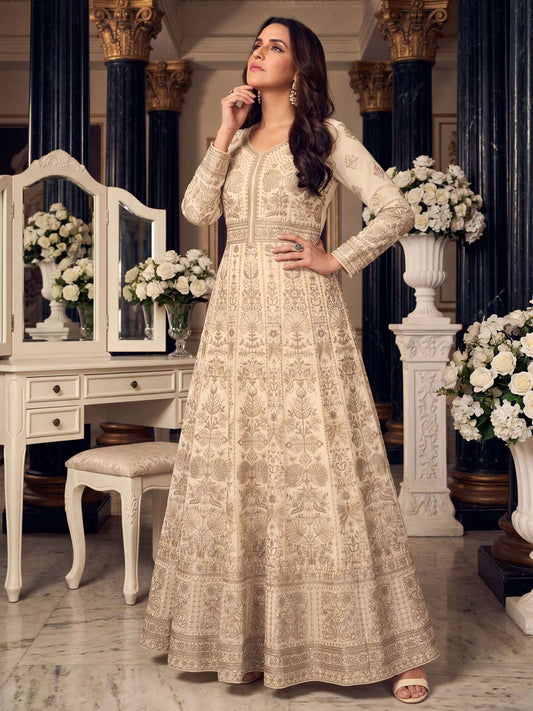 Cream Heavy Embroiderd Georgette Anarkali Gown