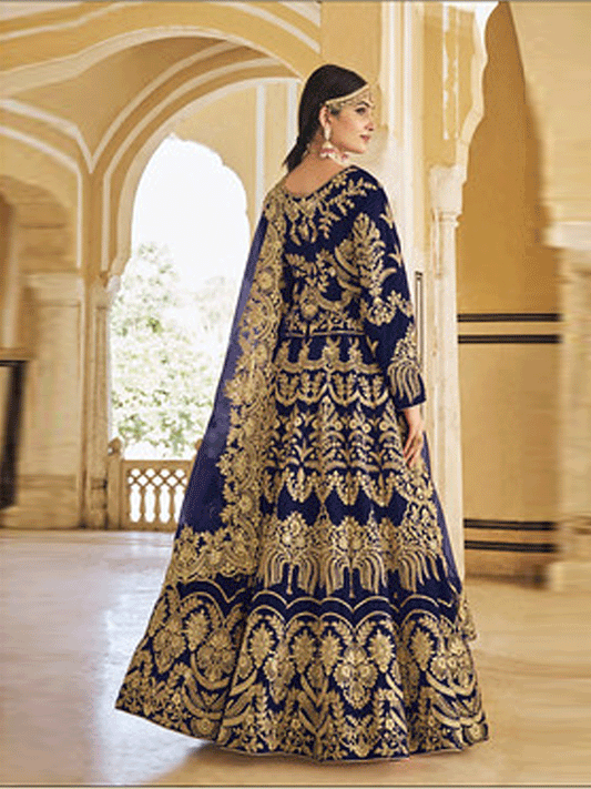 Velvet Embroidered Designer Lehenga Choli in Blue
