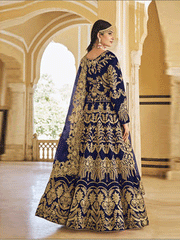 Velvet Embroidered Designer Lehenga Choli in Blue