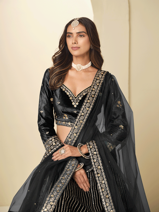 Black Velvet Beautifully Embroidered Lehenga Choli