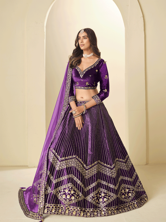 Purple Velvet Beautifully Embroidered Lehenga Choli