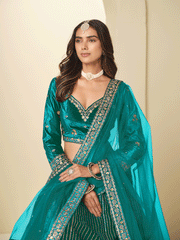 Firozi Velvet Beautifully Embroidered Lehenga Choli