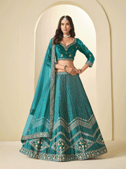 Firozi Velvet Beautifully Embroidered Lehenga Choli