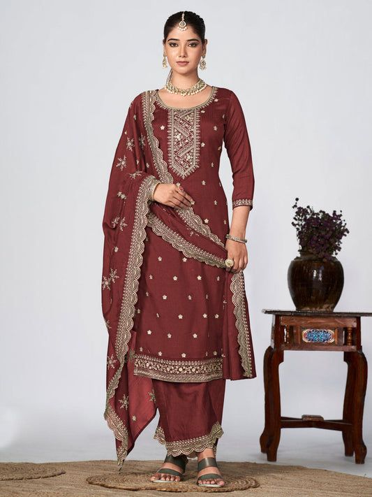 Brown Vichitra Silk Embroidered Wedding Festive Palazzo Suit