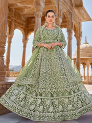 Olive Green Cording Thread Embroidery Designer Anarkali Suit