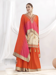 Cream and Orange Embroidered Kaftan Style Gharara Dress