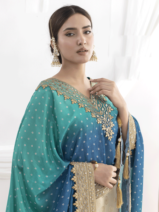 Cream and Teal Embroidered Kaftan Style Gharara Dress