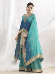 Cream and Teal Embroidered Kaftan Style Gharara Dress