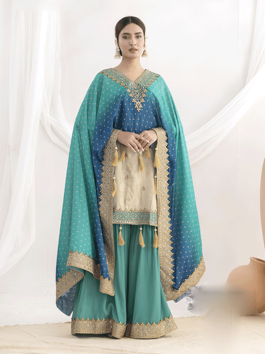 Cream and Teal Embroidered Kaftan Style Gharara Dress