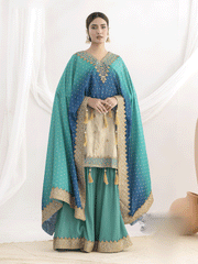 Cream and Teal Embroidered Kaftan Style Gharara Dress