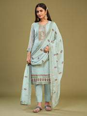 Sea Green Embroidered Partywear Straight-Cut-Suit