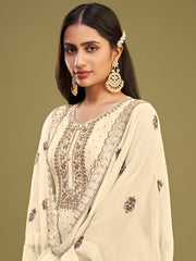 Cream Embroidered Partywear Straight-Cut-Suit