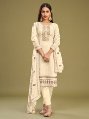 Cream Embroidered Partywear Straight-Cut-Suit