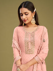 Peach Embroidered Festive-Wear Straight-Cut-Suit