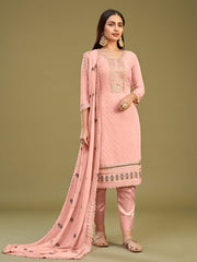Peach Embroidered Festive-Wear Straight-Cut-Suit