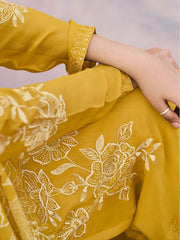 Yellow Chinnon Embroidered Palazzo Style Suit