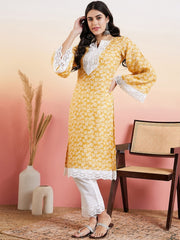 Mustard Floral Printed Thread Work Straight Kurta