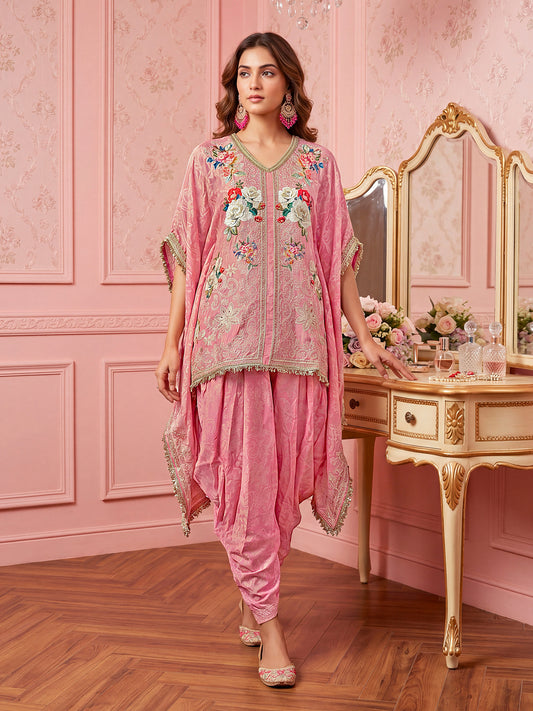 Romantic Florals Silk Embroidered Tunic with Palazzos
