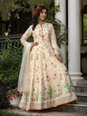 Off White Dola Silk Floral Print Anarkali Gown with Net Embroidered Dupatta
