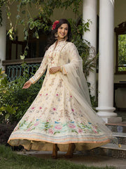 Off White Dola Silk Floral Print Anarkali Gown with Net Embroidered Dupatta