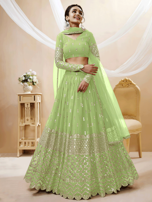 Amazing Pista Green Sequins Georgette Reception Wear Lehenga Choli