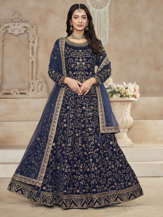 Navy Blue Velvet Wedding Anarkali Suit