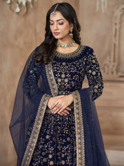 Navy Blue Velvet Wedding Anarkali Suit