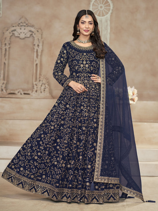 Navy Blue Velvet Wedding Anarkali Suit
