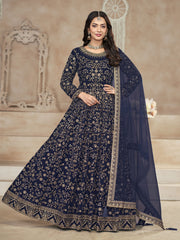 Navy Blue Velvet Wedding Anarkali Suit