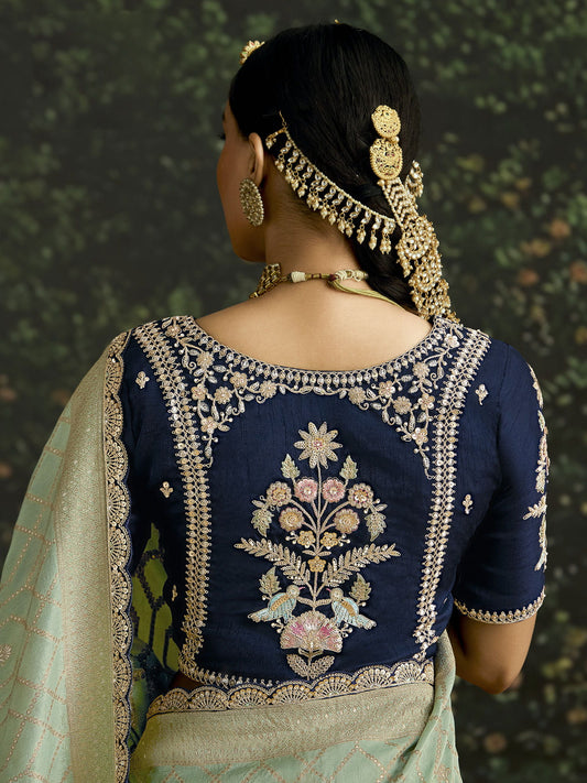 Sea Green And Blue Multi Embroidery Silk Saree