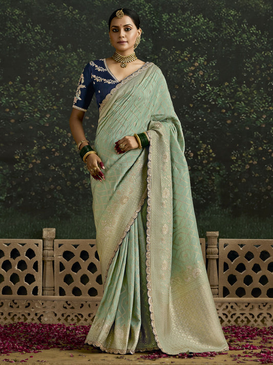 Sea Green And Blue Multi Embroidery Silk Saree