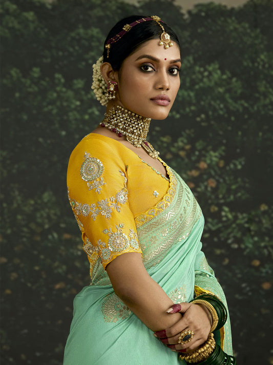 Fascinating Sea Green Zari Weaving Silk Wedding Saree With Blouse