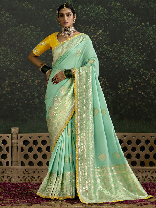 Fascinating Sea Green Zari Weaving Silk Wedding Saree With Blouse